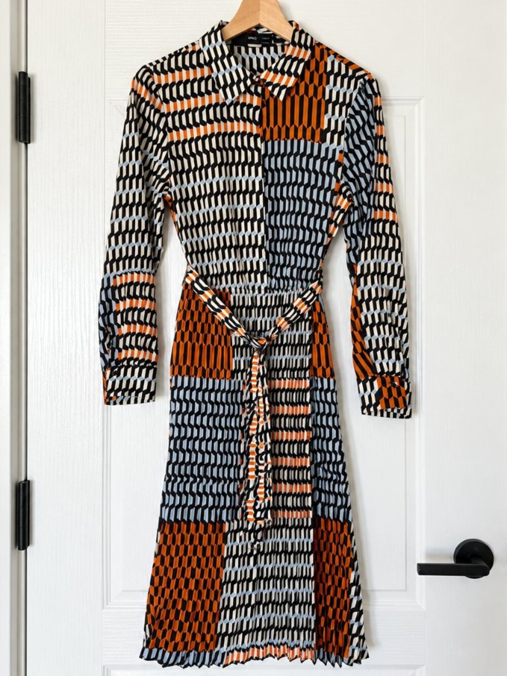 Mango Geometric Pleated Midi Shirt Dress Belted Size M 6